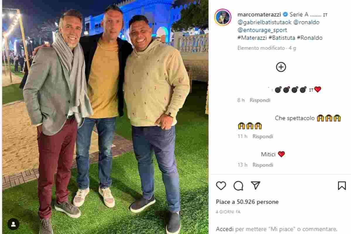 Marco Materazzi con Gabriel Omar Batistuta e Ronaldo il Fenomeno (Instagram) 17.12.2022 pontilenews